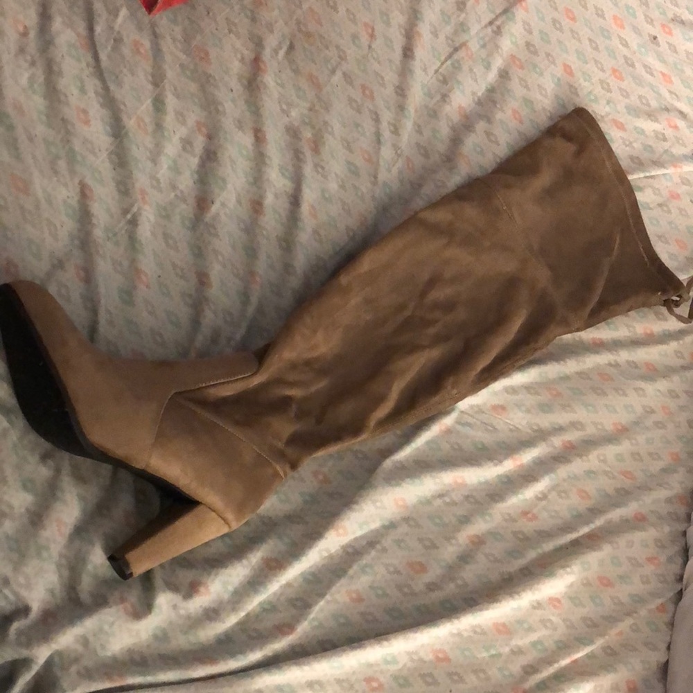 Taupe Wide Over the Knee Heeled Boots